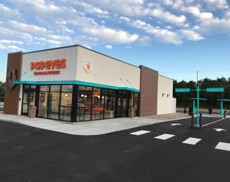 Popeyes exterior aurora IN Front of Building and Drive Through